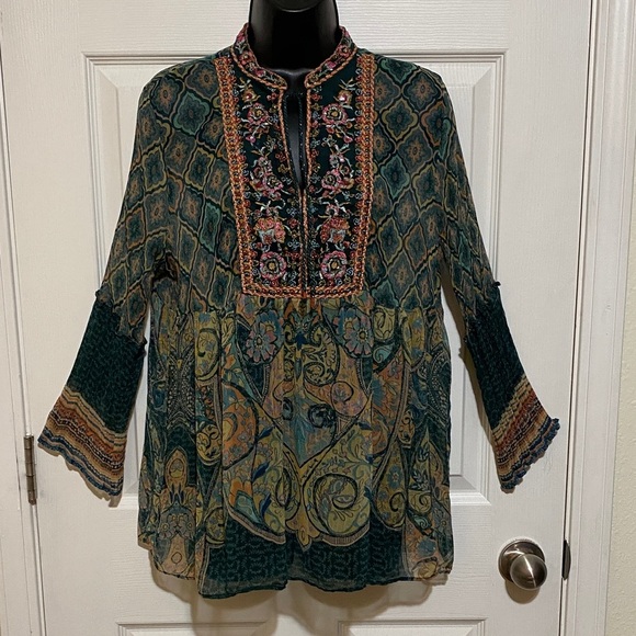 Soft Surroundings Tops - Soft Surroundings Embroidered/Beaded Emerald Shira Peasant Top- Petite Medium